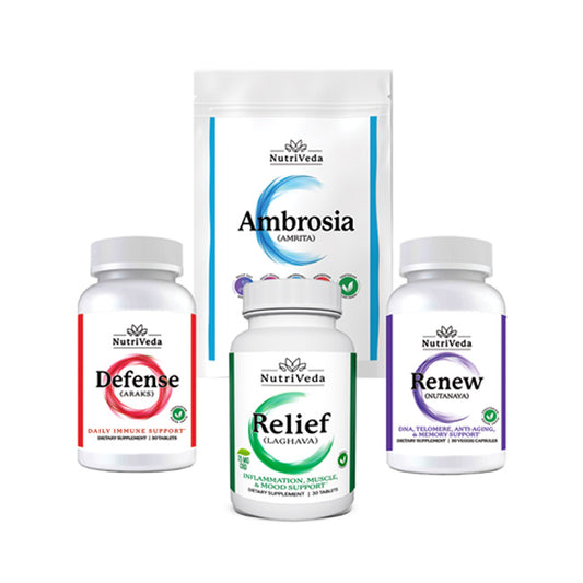 A collection of Nutriveda supplement bottles and packaging, labeled Ambrosia, Defense, Relief, and Renew, arranged against a white background.