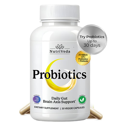 NutriVeda probiotics bottle with text on a white background