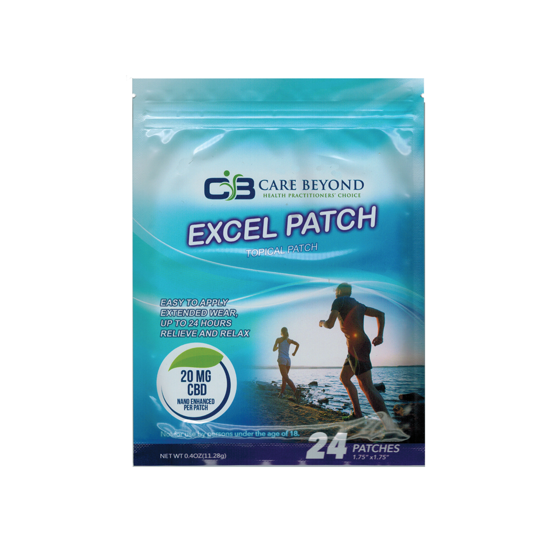 Packaging of Excel Patch transdermal CBD patches with 24 patches included, indicating relief from fatigue.