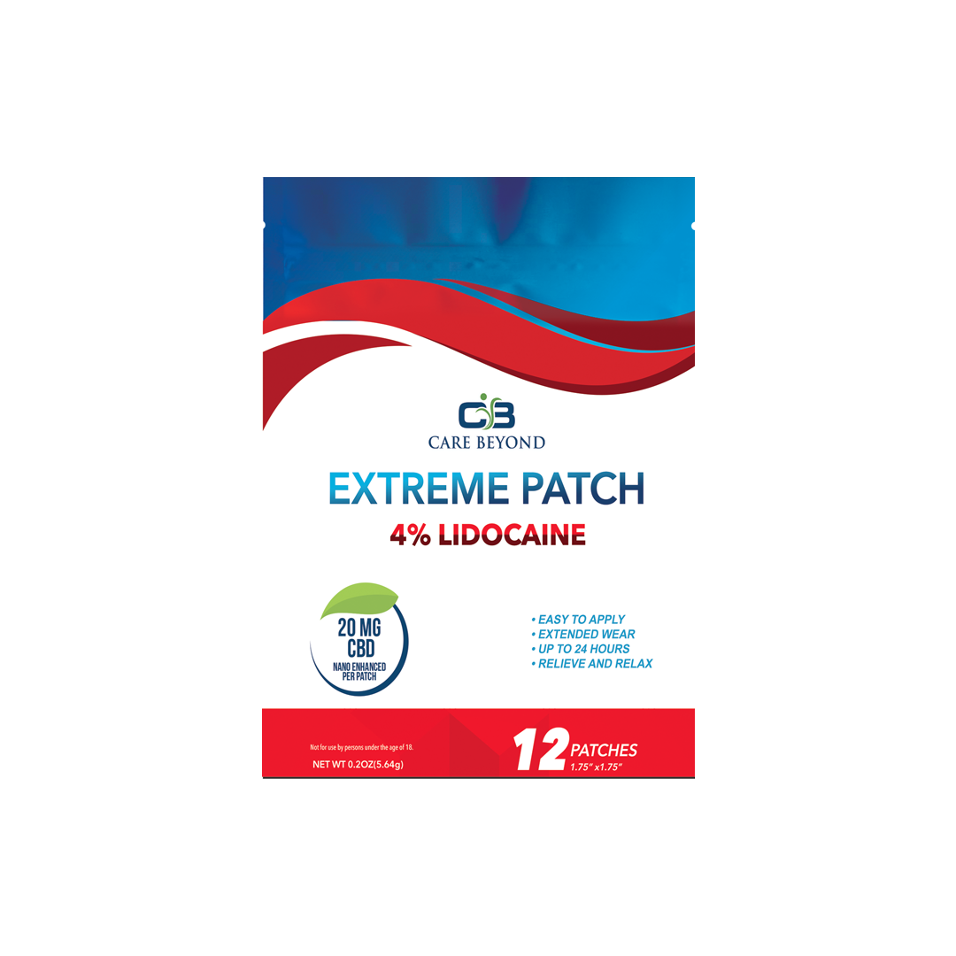 Packaging of 'Extreme Patch' 4% Lidocaine CBD Transdermal Patch with information about the product being a 12 pack and having 20mg of CBD.