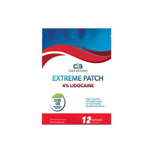 Packaging of 'Extreme Patch' 4% Lidocaine CBD Transdermal Patch with information about the product being a 12 pack and having 20mg of CBD.