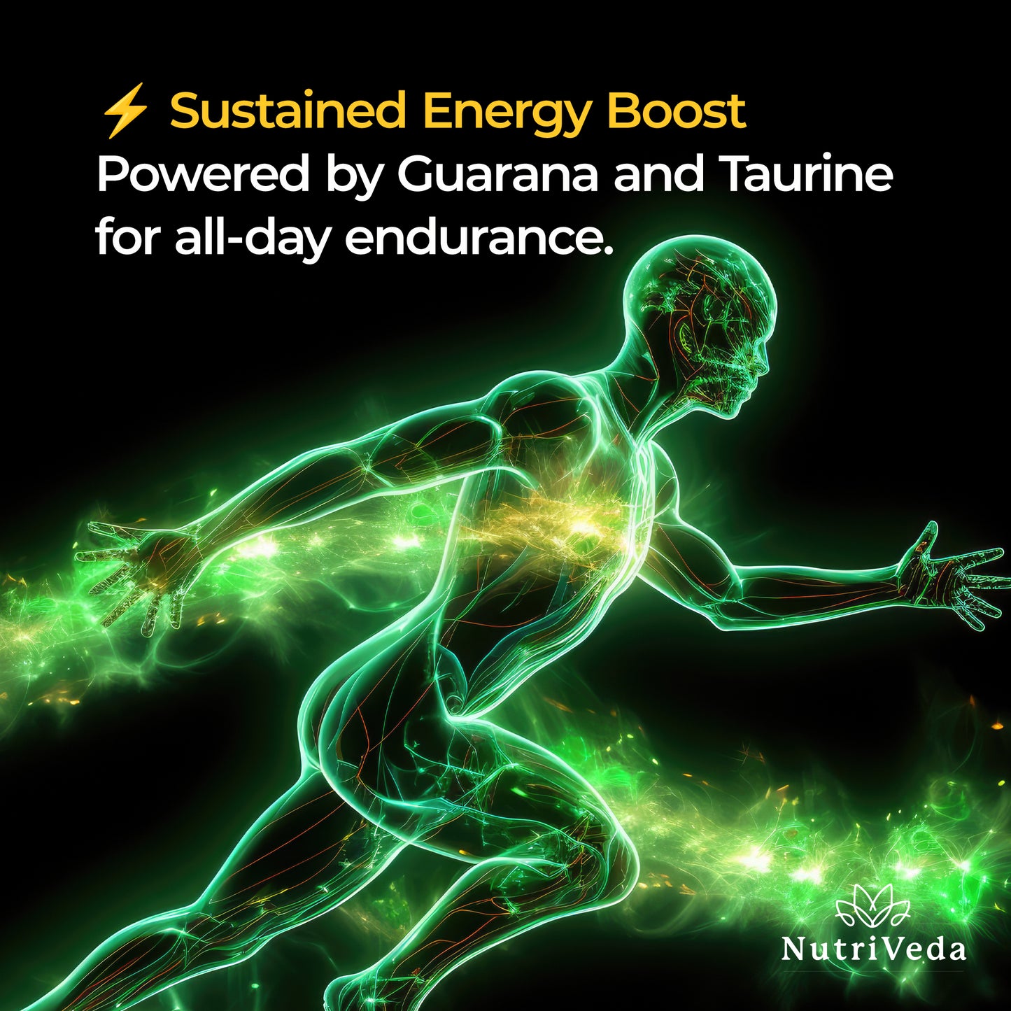 Nutritional supplement advertisement with a glowing figure and text about sustained energy boost, Guarana, Taurine, and NutriVeda branding.