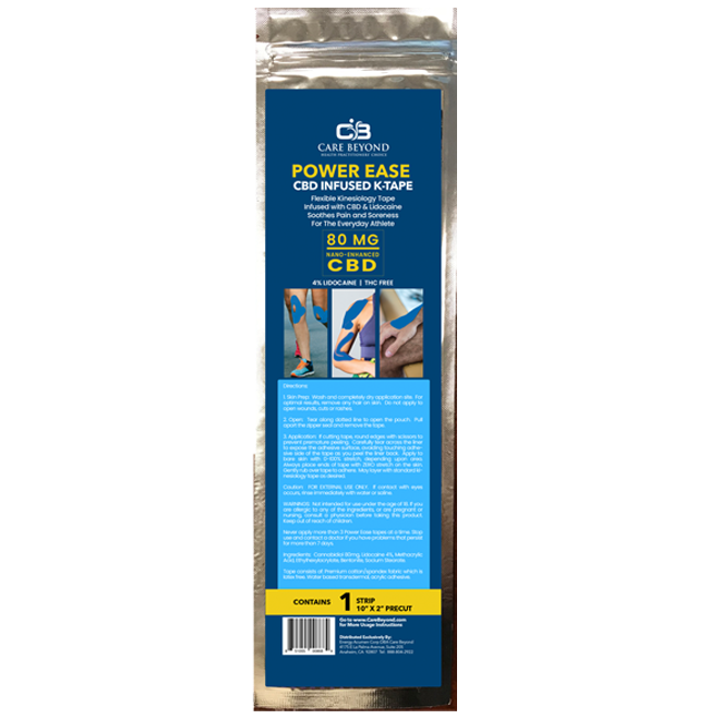 Packaging of 'Power Ease' CBD infused medical tape with 80mg CBD highlighted on the front.