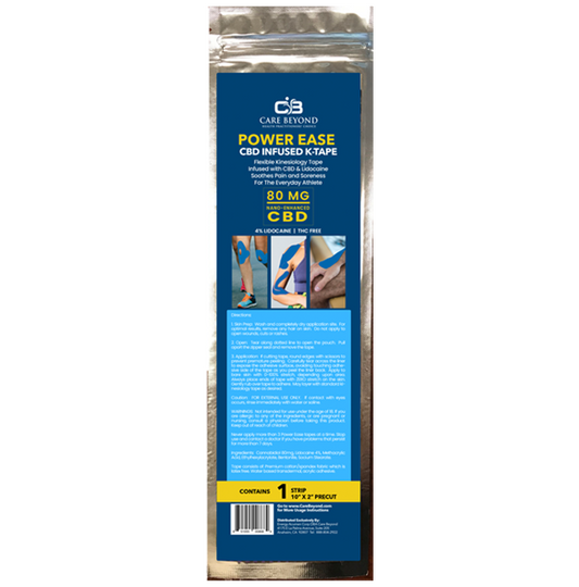 Packaging of 'Power Ease' CBD infused medical tape with 80mg CBD highlighted on the front.