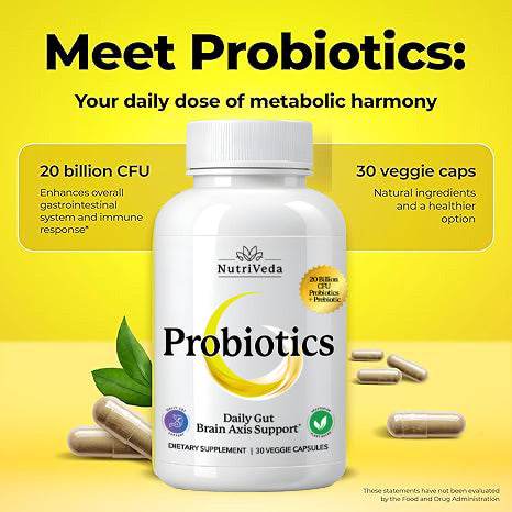 NutriVeda probiotics supplement bottle with text on a yellow background
