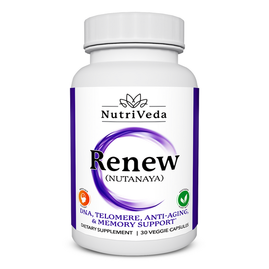 A bottle of NutriVeda Renew NMN Supplement, with branding and label that highlight its anti-aging and NAD+ boosting properties.
