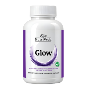 Nutriveda Glow dietary supplement bottle on a white background