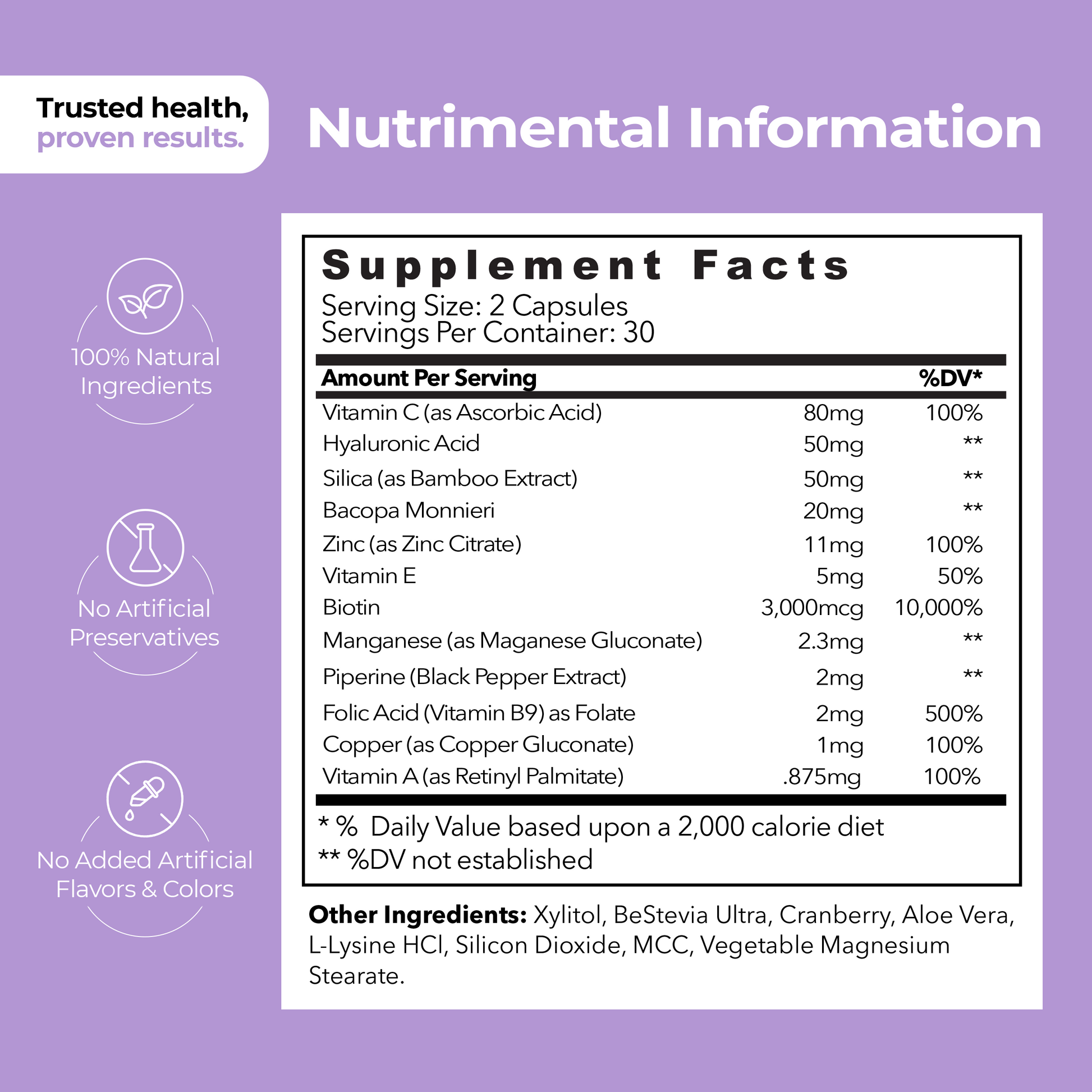 Nutritional information label for a supplement on a purple background