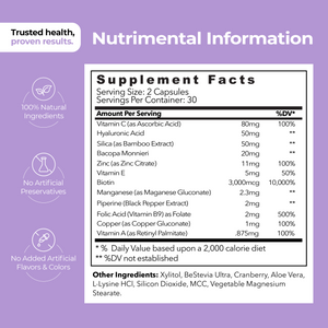 Nutritional information label for a supplement on a purple background