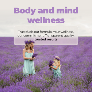 Two women in a lavender field with text about body and mind wellness.