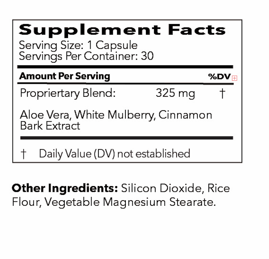Supplement facts label with ingredients listed on a white background