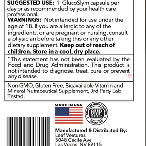 Supplement label with text, warnings, and certification logos on a white background