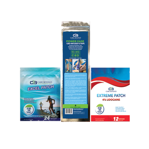 A pack of three CareBeyond fitness patches, featuring the Power Ease Excel Nano Patch and the Extreme Nano Patch, with packaging indicating a 24-pack, 12-pack, and 4-pack respectively.