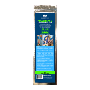 Packaging of 'Power Ease' CBD infused kinesiology tape with a visual of a person using the tape on their leg, alongside text detailing product features.