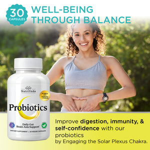 NutriVeda probiotics bottle with a woman in a sports bra and leggings outdoors, promoting well-being through balance.