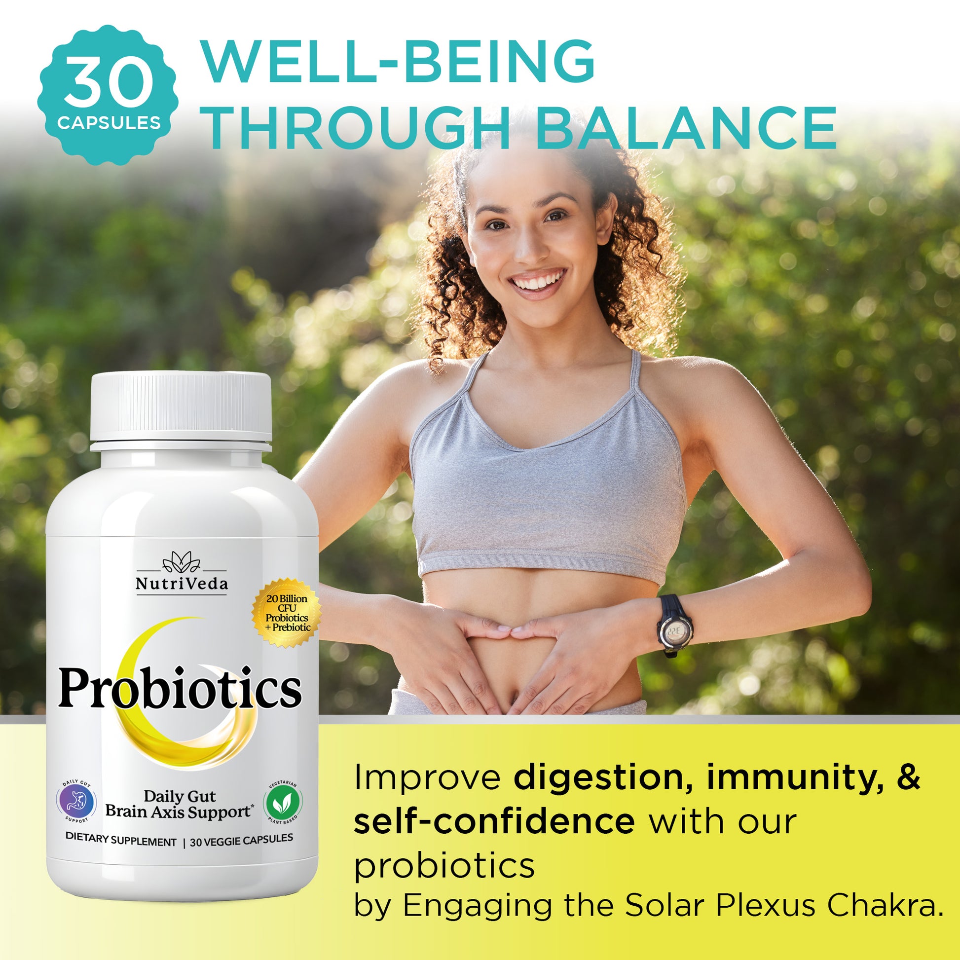 NutriVeda probiotics bottle with a woman in a sports bra and leggings outdoors, promoting well-being through balance.