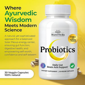 NutriVeda Probiotics supplement bottle with text on a yellow background