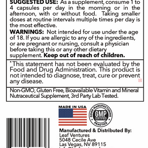 Supplement label with instructions, warnings, and product details.